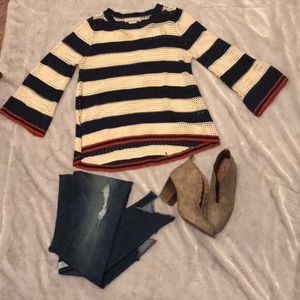 Anthropologie MD cream navy orange stripe top